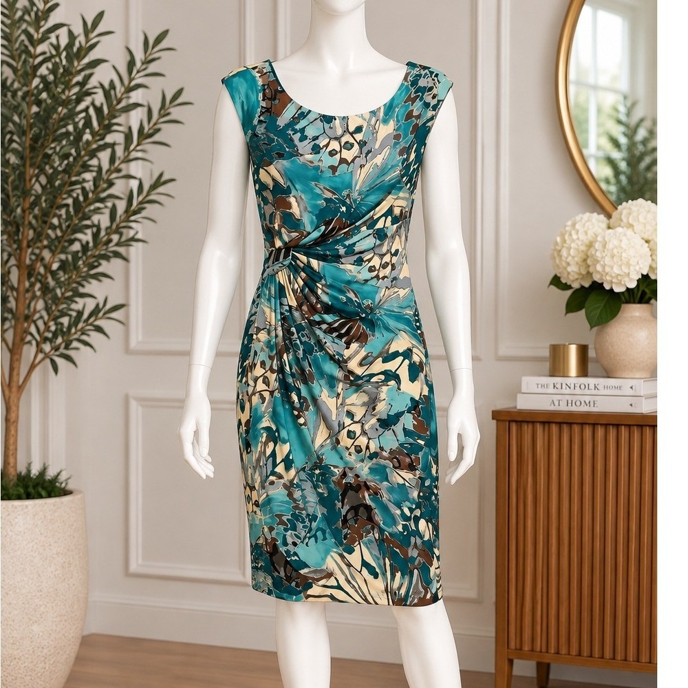 Dressbarn Womens Sheath Dress Side Knot Abstract Butterfly Print Teal Size 10